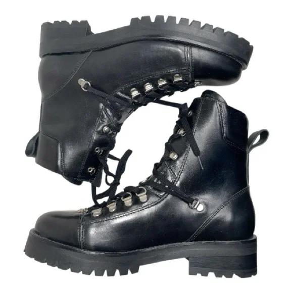 All Saints Black Leather Franka Lug Sole Combat Boots Sz 10/40 - Picture 2 of 6
